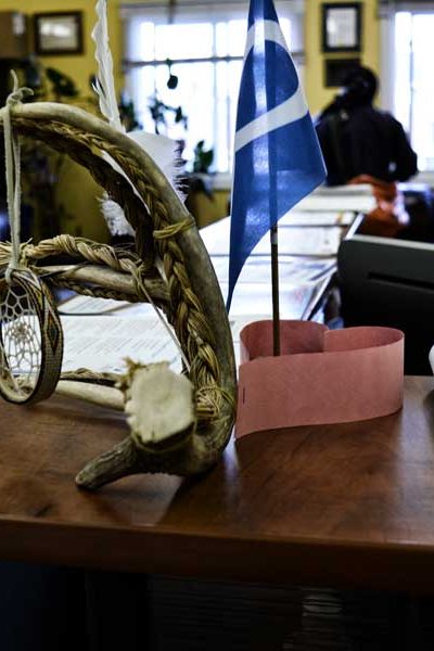 Blue Metis Nation flag beside a piece of artistic driftwood