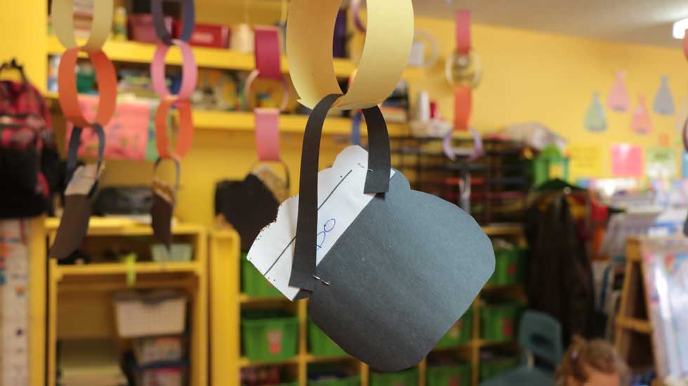 Children's handicrafts hanging from the ceiling